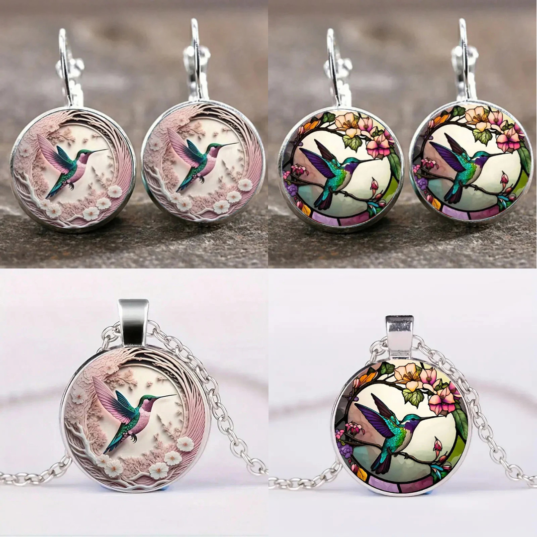 Hummingbird Glass Dome Pendant Necklace/Earrings
