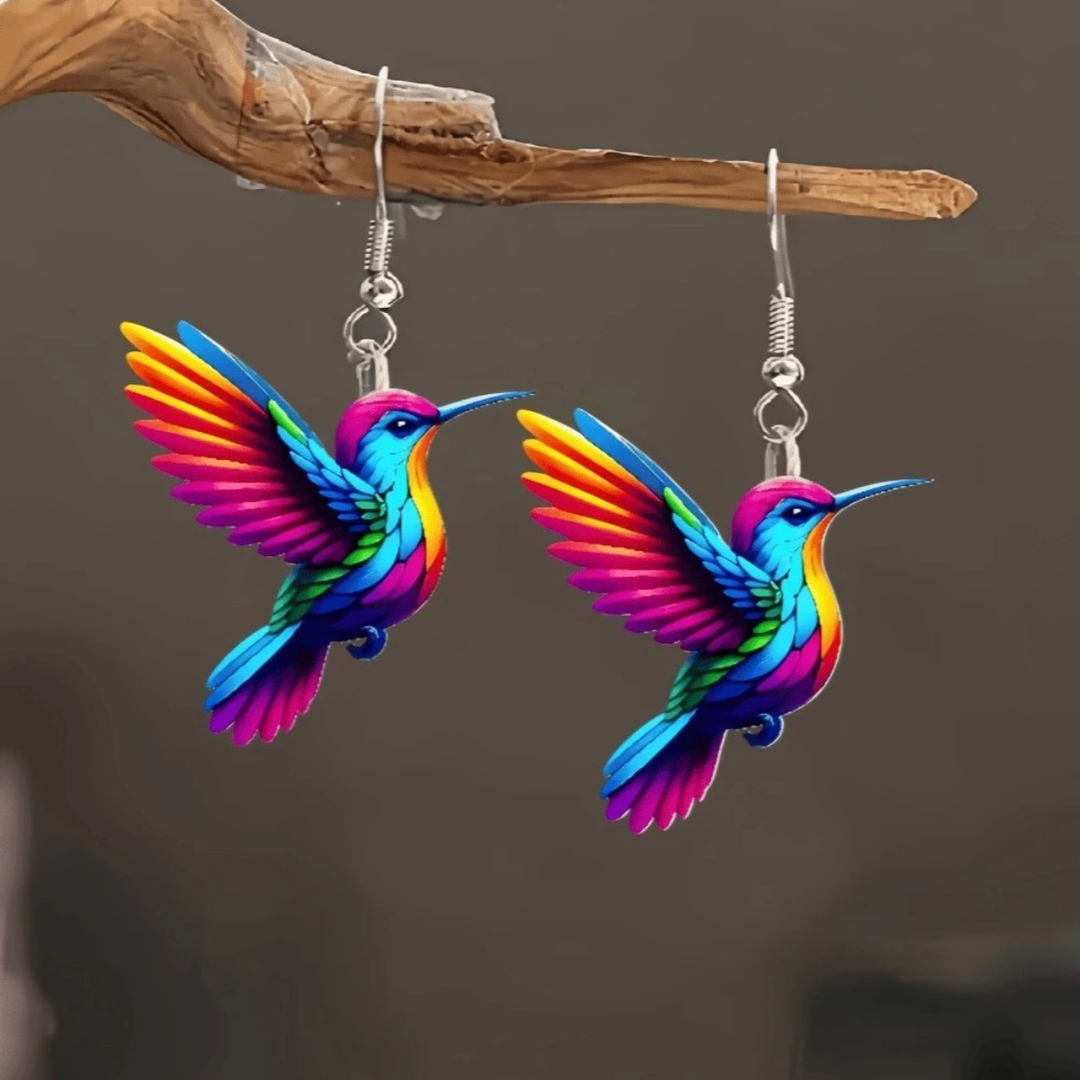 Acrylic Hummingbird Dangle Earrings – Bright 2D Bird Design