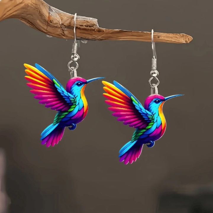 Acrylic Hummingbird Dangle Earrings – Bright 2D Bird Design